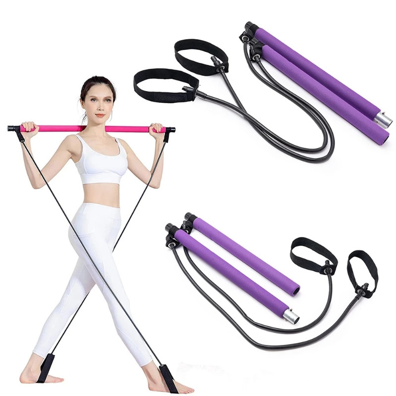 Barra Pilates Bastão Exercicios Aparelho Elastico Roxo Rosa Alongamento Academia