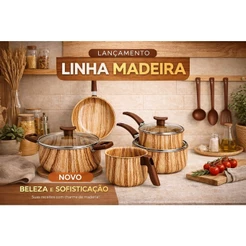 Jogo de Panelas ⚠️LANÇAMENTO⚠️ 8 Peças MARF Cor Madeira Antiaderente Teflon Premium 5 Camadas + Talheres