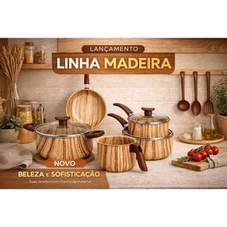 Jogo de Panelas ⚠️LANÇAMENTO⚠️ 8 Peças MARF Cor Madeira Antiaderente Teflon Premium 5 Cam…