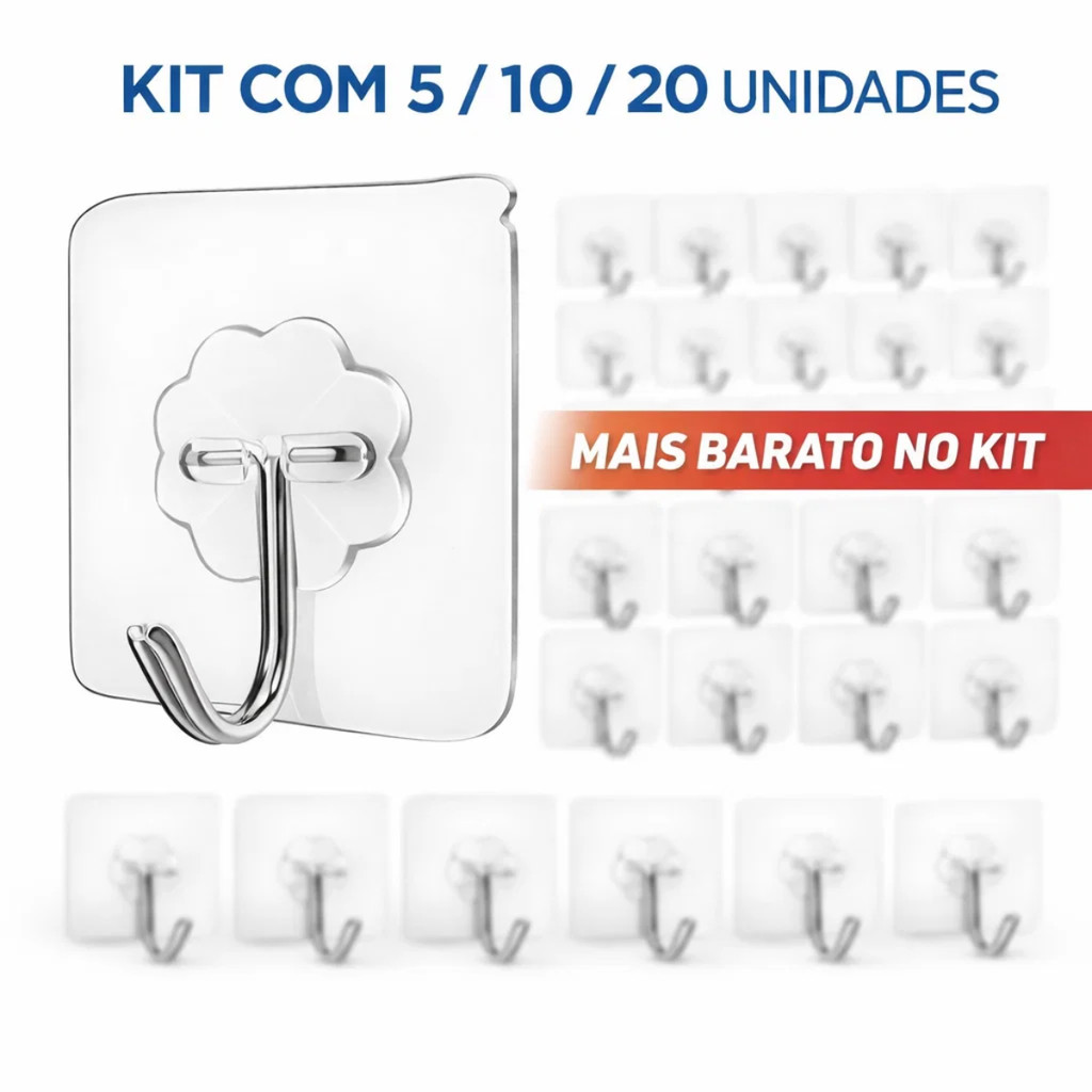 Kit's De 1/3/5/10/15 Ou 20 Ganchos Adesivos Transparente Sem Furadeira Organizador Parede Casa Resistente