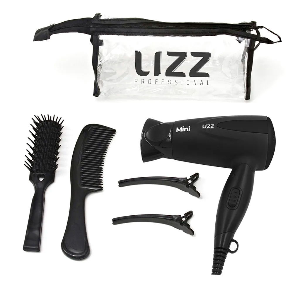 Secador Mini com Kit Viagem Preto Bivolt (1200W) - Lizz Pro