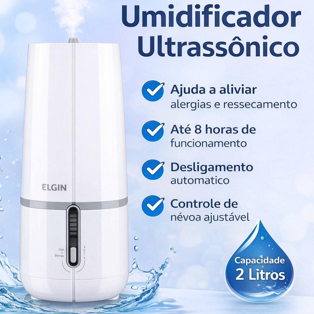 Umidificador Ultrassônico Elgin 2L Bivolt Silencioso Controle de Névoa e Desligamento Automático
