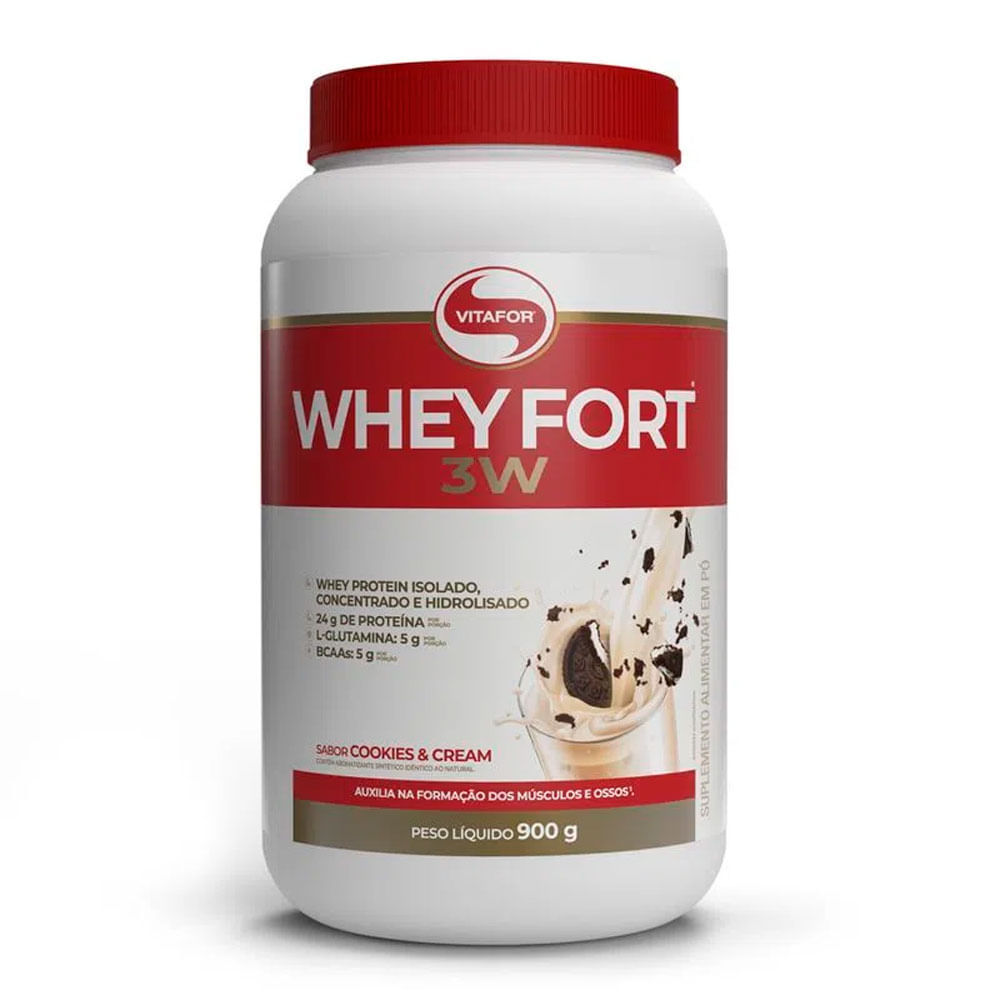 Whey Fort 3W Vitafor Whey Protein Isolado e Hidrolisado Sabor Cookies & Cream 900g em Oferta na Shopee