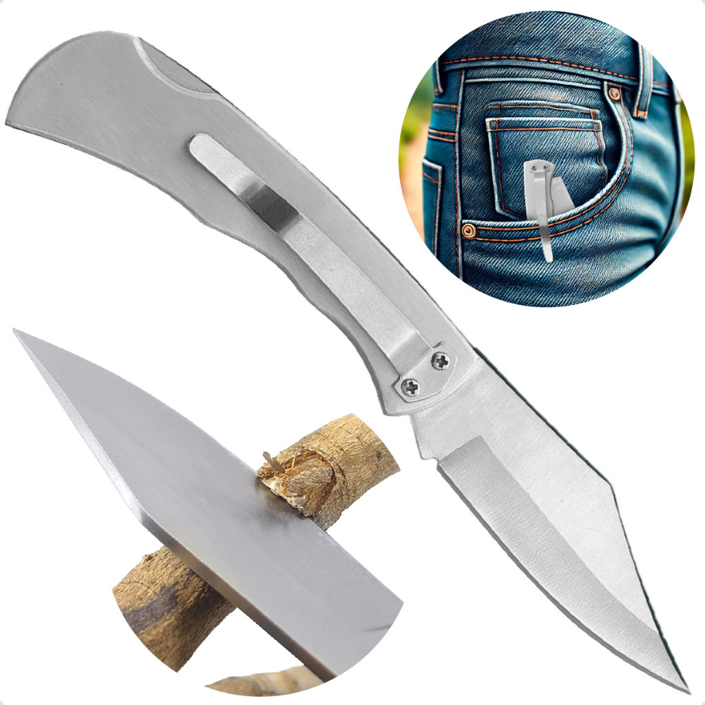Canivete De Bolso Inox Prateado Com Clip Camping Pesca EDC Retrátil Trava de Segurança