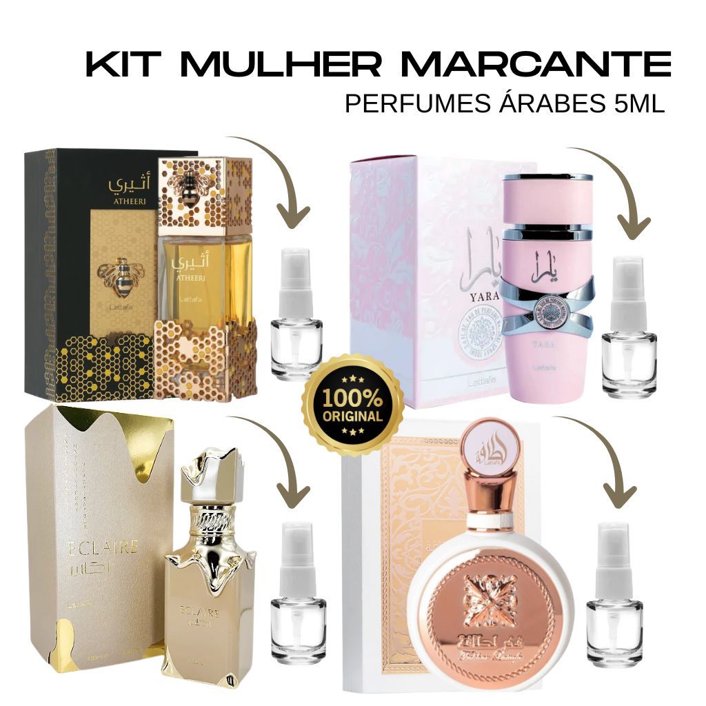 4 Perfumes Femininos Marcantes e Sedutores (5ml cada) Yara, Eclarie, Fakhar Rose, Atheeri.