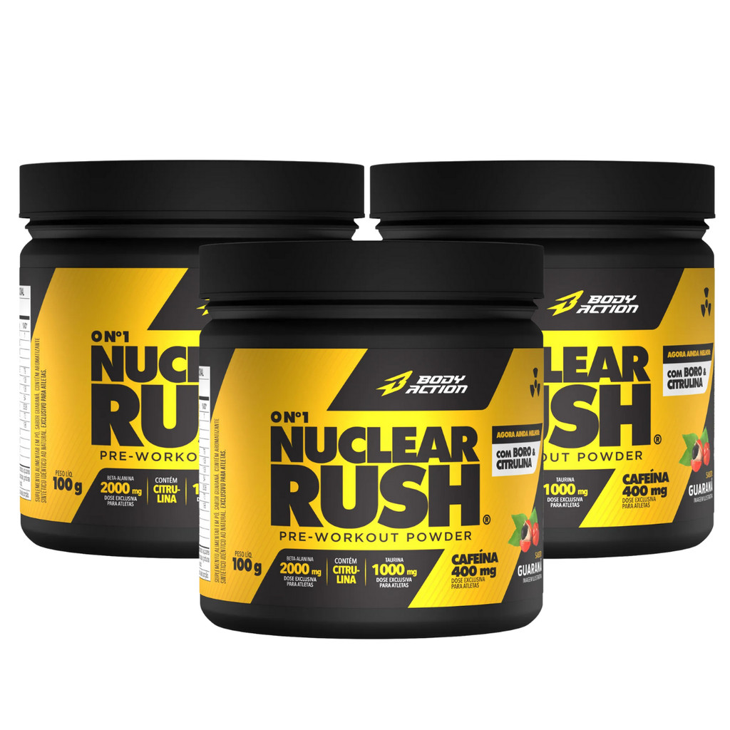 3x Pre treino Nuclear Rush Cafeína Body Action Guaraná 100g