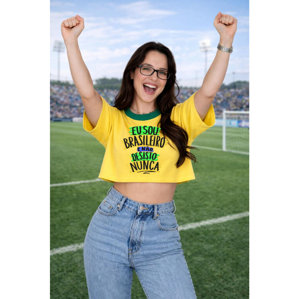 Cropped Brasil Feminino Oversized Estilo Copa Verde Amarelo Azul Look Torcida Moda 2026