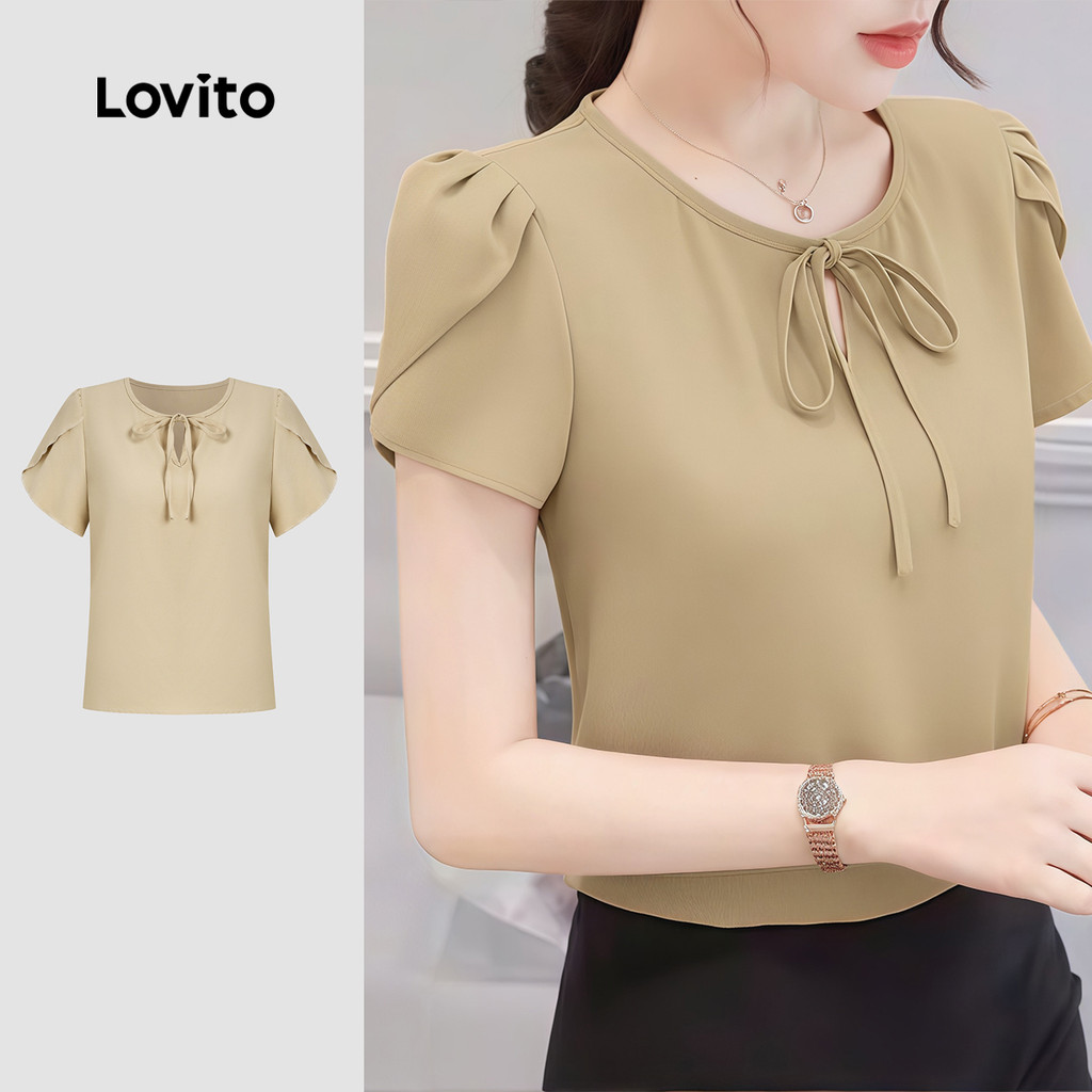 Lovito Elegante Blusa com Amarração e Recorte em Khaki para Mulheres Primavera/Verão Bordado L171ED181