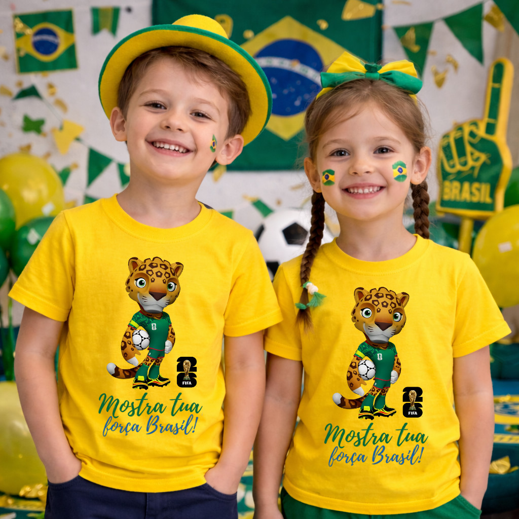 Camiseta Infantil Personalizada Nome Criança Seleção Brasileira Copa do Mundo 2026 Torcida Futebol