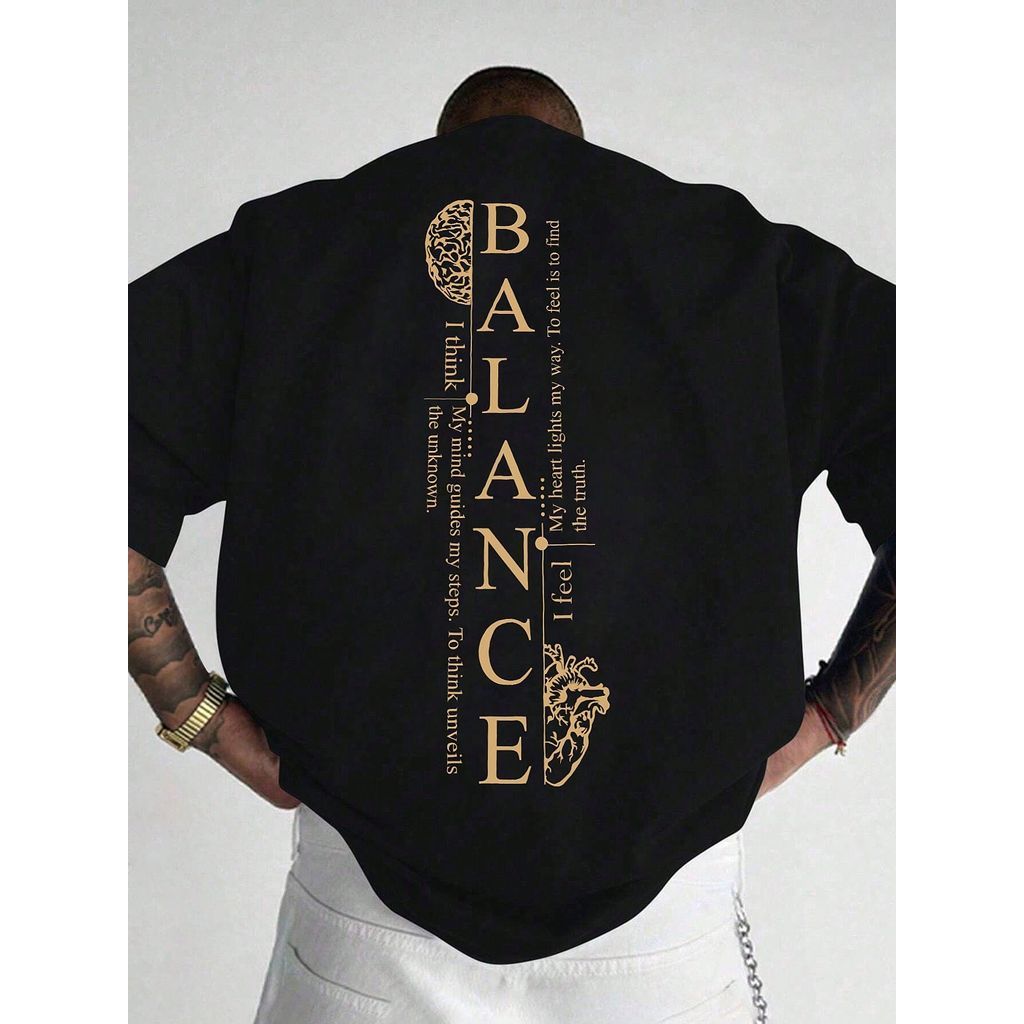 Camiseta Masculina Preta com Estampa BALANCE - Design de Costas, Poliéster Leve e Respirável para Academia
