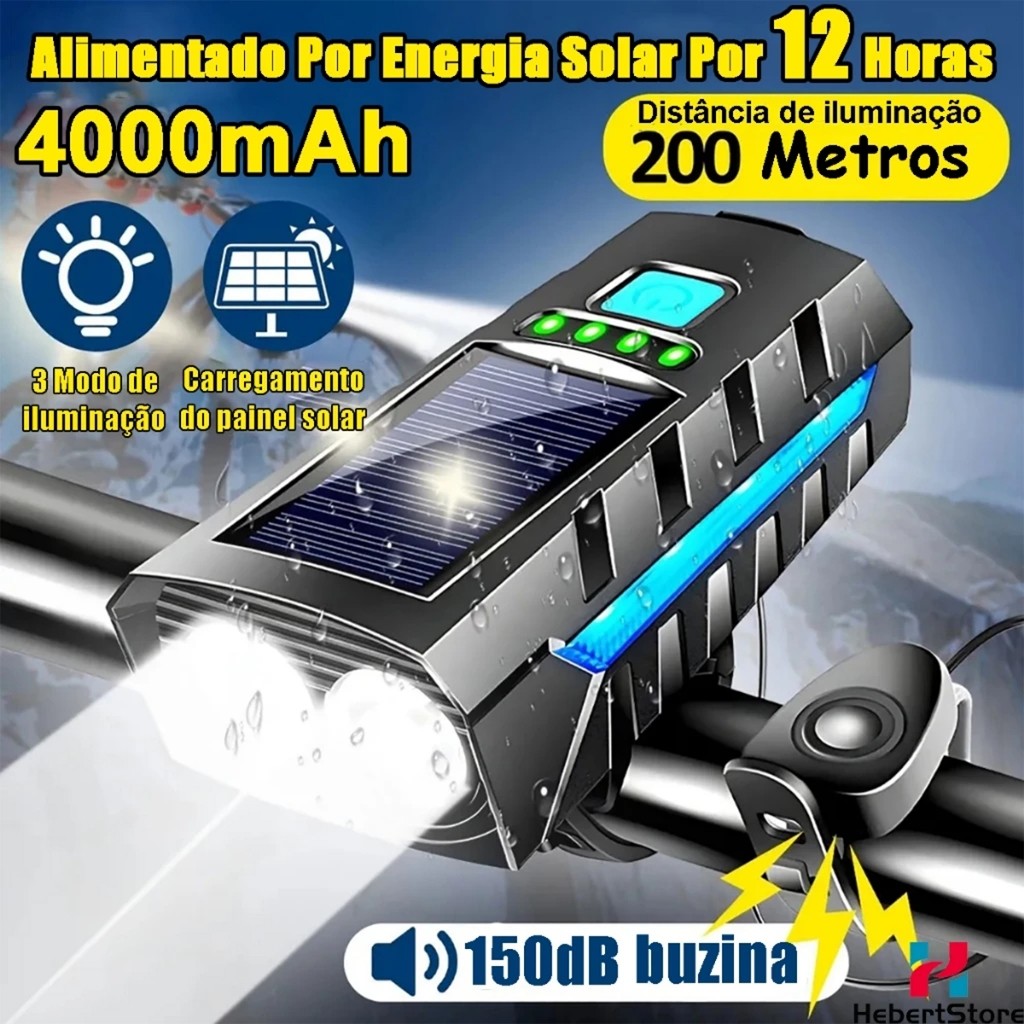 Farol de Bicicleta Solar com Buzina e Power Bank 12h Recarregável À Prova de Água 3 Modos de luz LED em Oferta na Shopee
