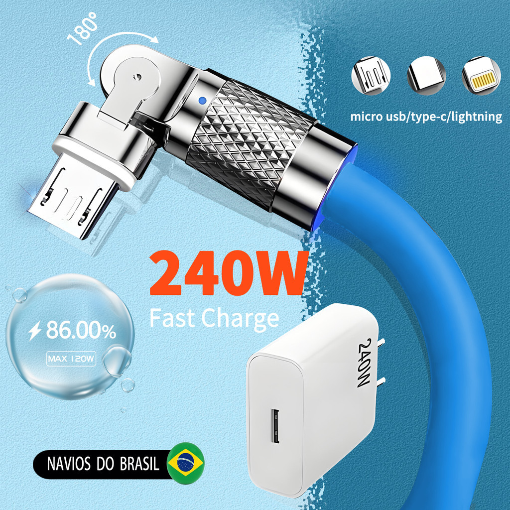 Carregador Super Rápido De 240 W Com 180 ° Cabo De Carregamento De Rotação Para Cabos Giratórios Micro USB iOS Tipo C BJ