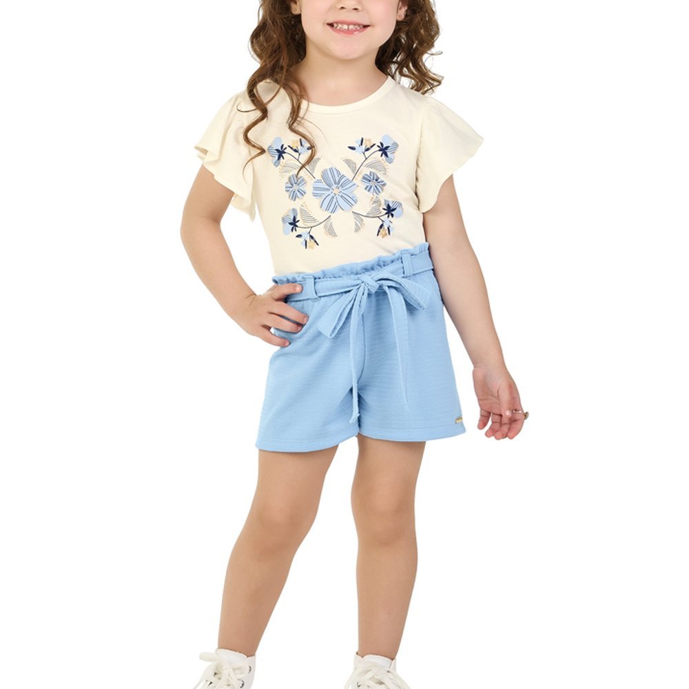 CONJUNTO INFANTIL MENINA BLUSA EM COTTON PENTEADO E SHORTS EM MOLETINHO JEANS em Oferta na Shopee
