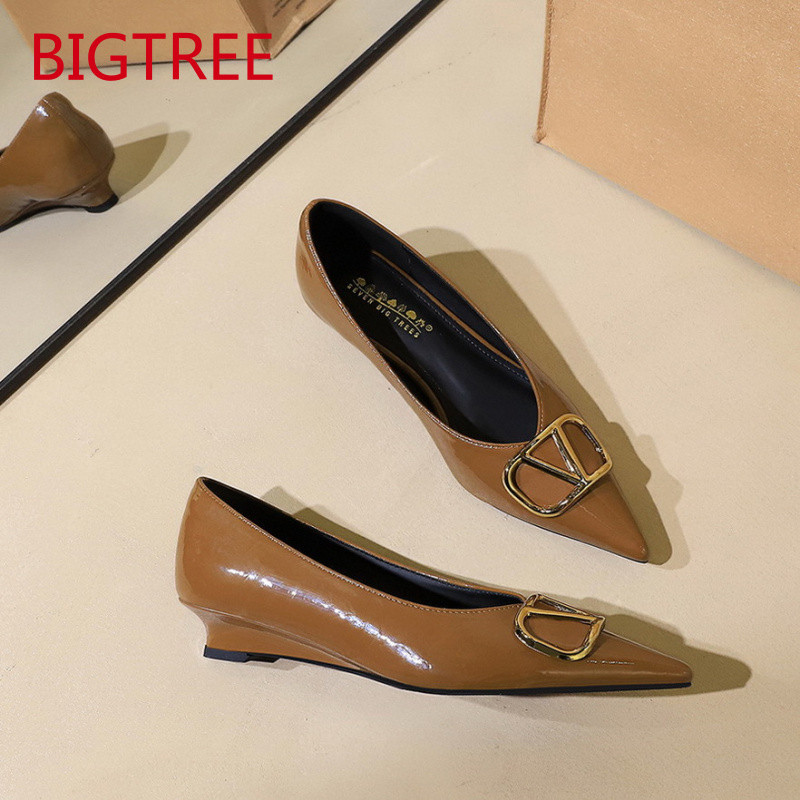 Imagem Sapatos de Cunha Marrom BIGTREE para Mulheres, Bico Fino, Banquete, Boca Rasa, Fivela de Moda, Sapatos Elegantes Feminin