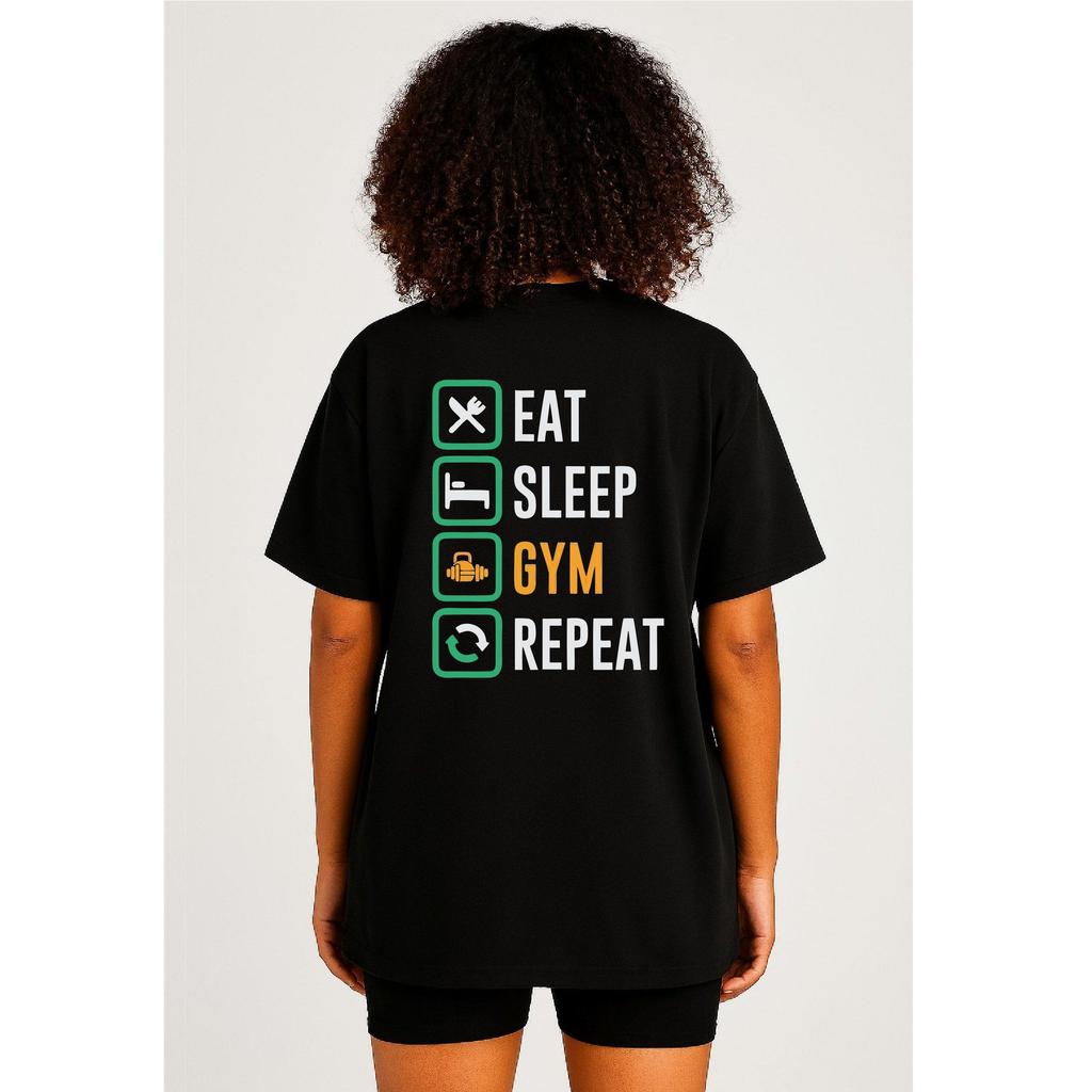 Camiseta Feminina Streetwear Algodão Penteado Infantil Adulto Plus Size Estampa Eat Sleep Gym Academia Treino Dieta
