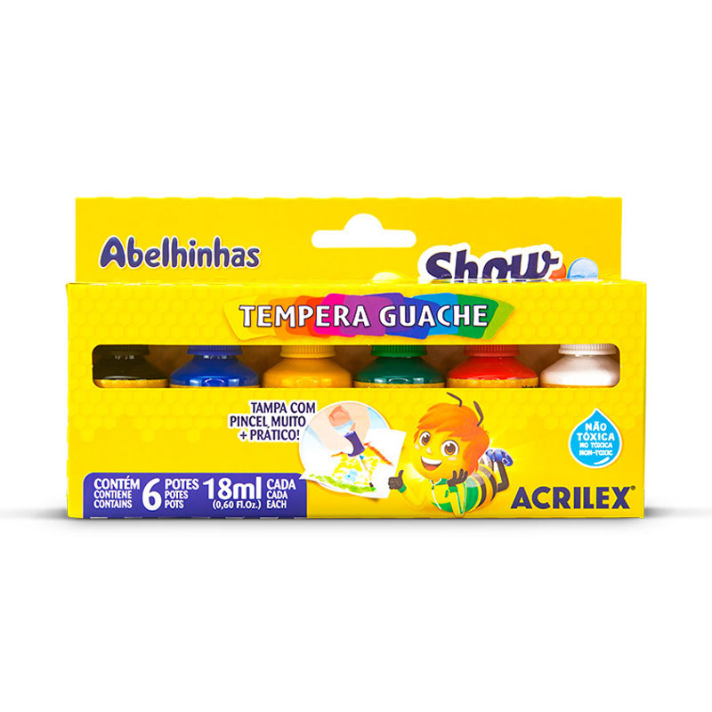 Tinta guache Show Color com pincel 6 cores 18ml 02005 Acrilex em Oferta na Shopee