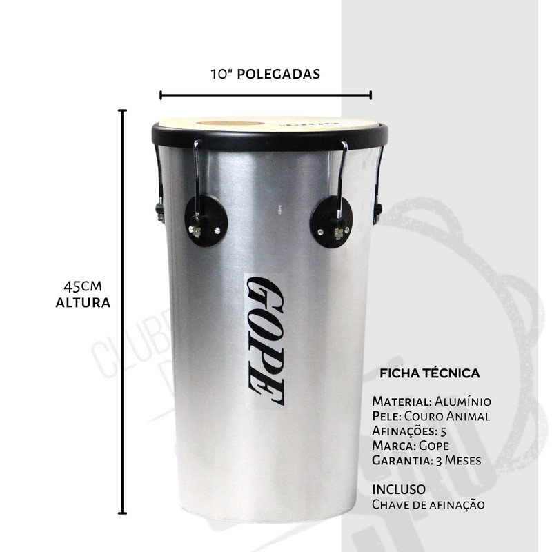 Tantan Rebolo Gope Original 10" x 45cm Alumínio Cromado Cônico Pele Couro Animal Samba Pagode