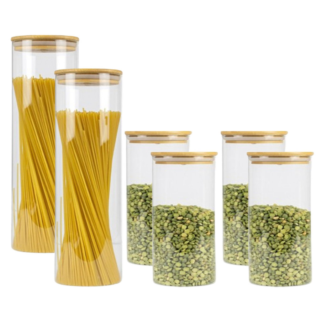 Kit 6 Potes Hermeticos Vidro Tampa Bambu Porta Condimentos Macarração Ervilha Feijão Arroz Castanha Biscoito