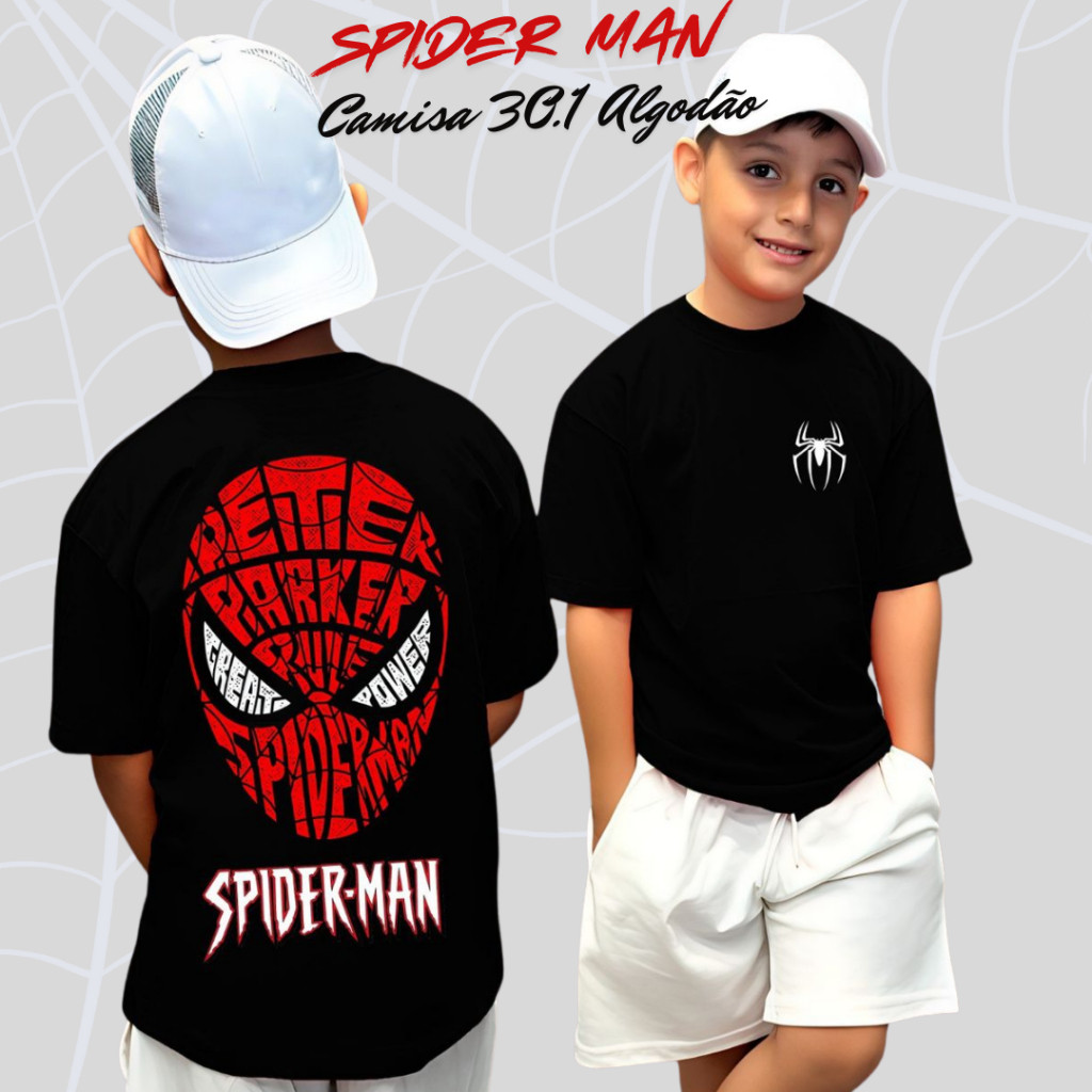Camisa 30.1 TEIA01 Spider Man Homem Aranha Manga Curta Algodão Leve Fresca 2 ao 14 Meninos Estampada