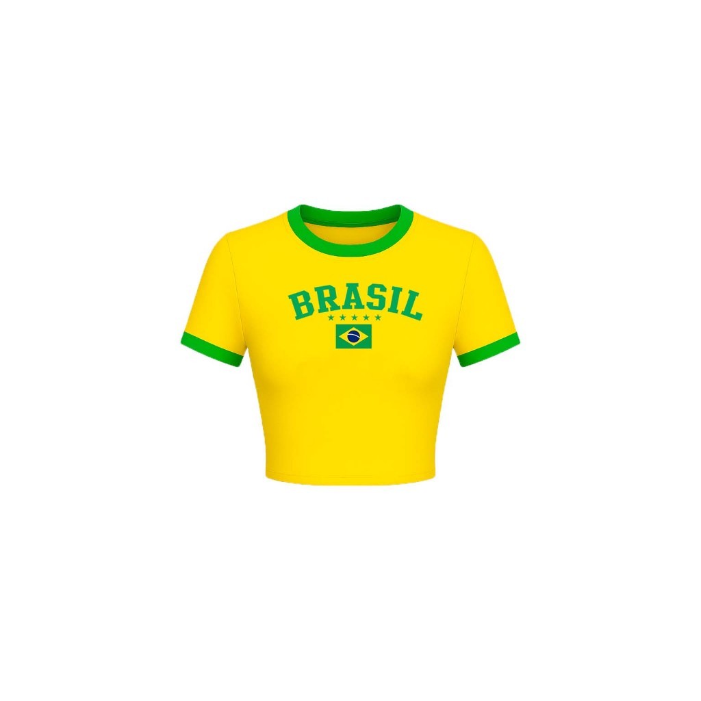 Blusinha Baby Look Cropped Brasil manga curta feminino em Oferta na Shopee