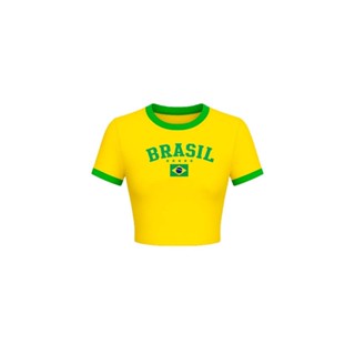 Blusinha Baby Look Cropped Brasil manga curta feminino em Oferta na Shopee