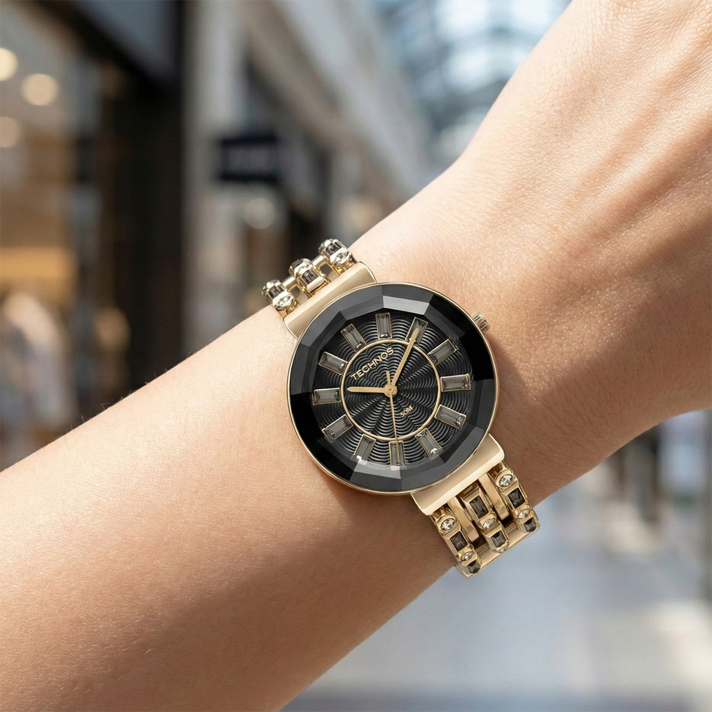Relógio Feminino Dourado e Preto Caixa Ceramica Pulseira com Pedras Vidro Safira Luxo Elegante Fashion Technos Original