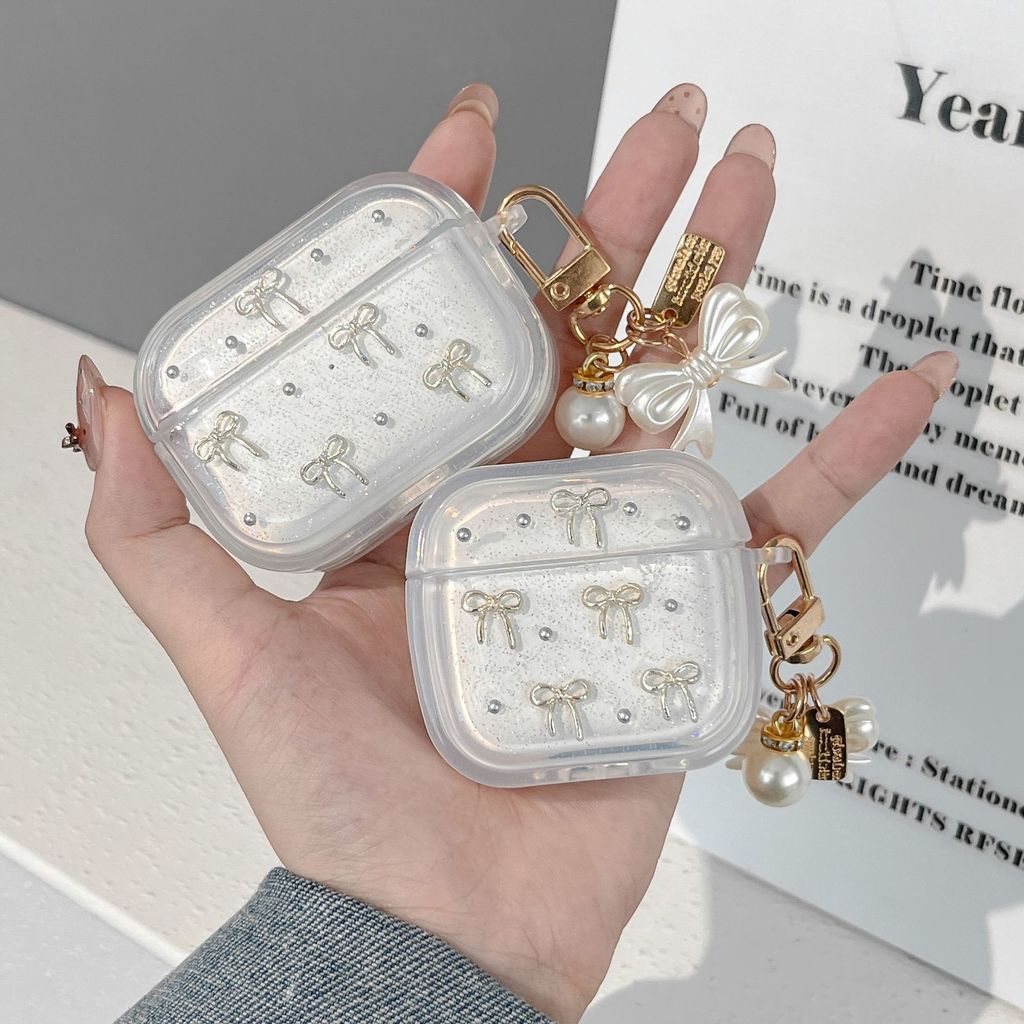 Capa De Fone De Ouvido Com Glitter 3D Bowknot Para Airpods Pro3/Pro2/Pro Chaveiro Laço De Pérola 4/3/2/1 Macia