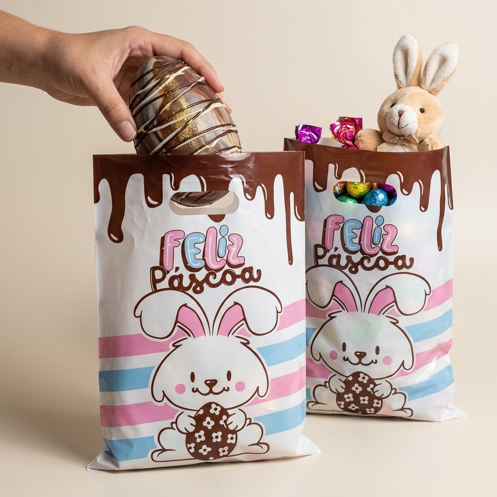 Kit 50 Sacolas Plásticas Páscoa 30x40 Alça Vazada Confeitaria Coelhinho Feliz PEAD Alta De...