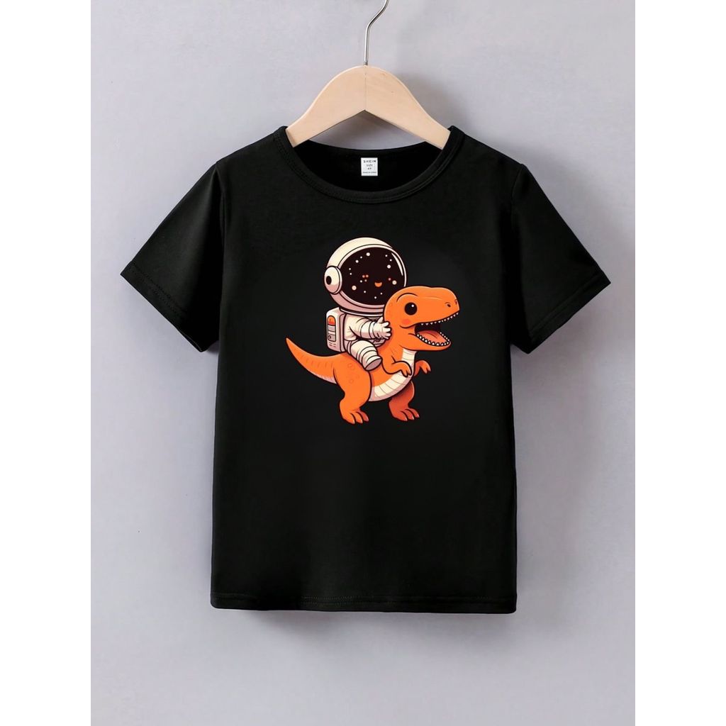 Camiseta Infantil Dinossauro Astronauta Camisa Algodão Estilo Casual Para Meninos e Meninas Crianças