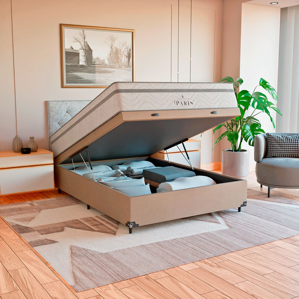 Cama Box Baú Viúva Bege + Colchão Paris Molas Branco