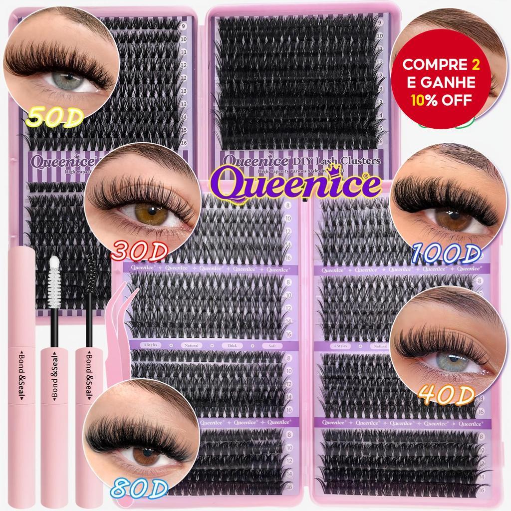  Kit de Extensão de Cílios Queenice Fluffy Wispy 800pcs Autoaplicação, Aglomerados Grossos, Curvatura D