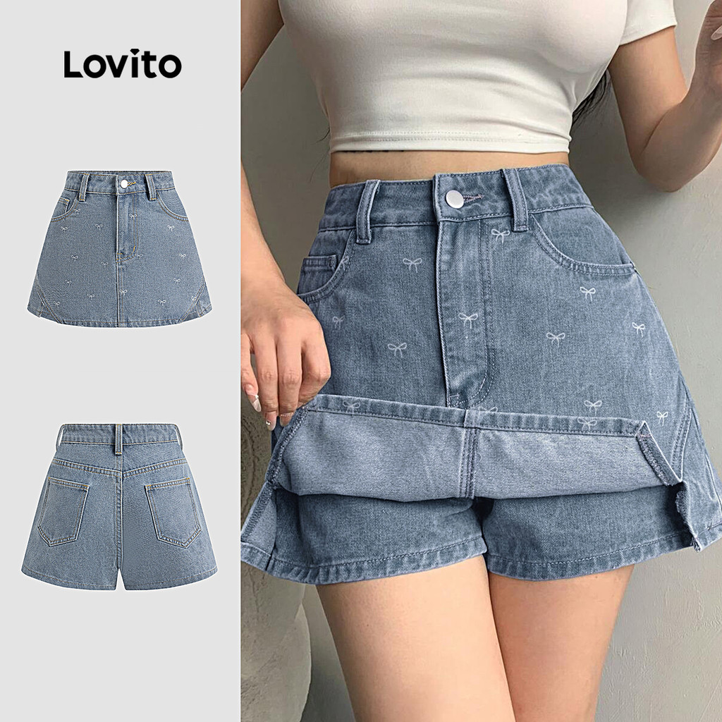 Lovito Shorts Jeans Casual Falso 2 Em 1 Botão Primavera/verão Shorts Jeans Azul Claro Para Mulheres L139AD019 em Oferta na Shopee