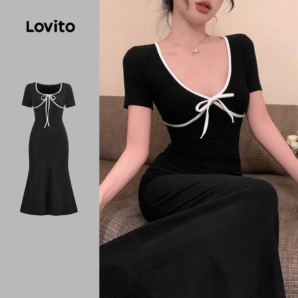Lovito Vestido Casual Liso Com Cadarço E Contraste, Vestido De Verão/primavera Para Mulheres L133ED689 em Oferta na Shopee