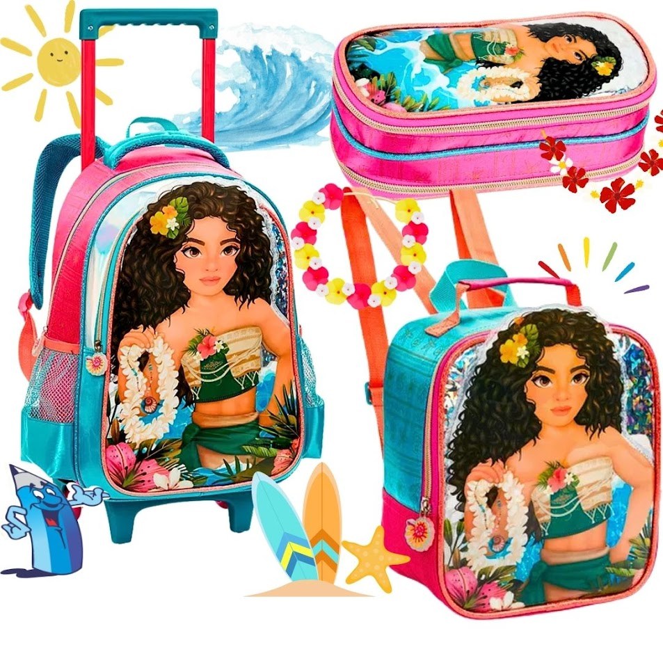 KIT MOCHILA DE RODINHA COM LANCHEIRA E ESTOJO MOANA INFANTIL FLOWER GIRL GRANDE DENLEX DL1734
