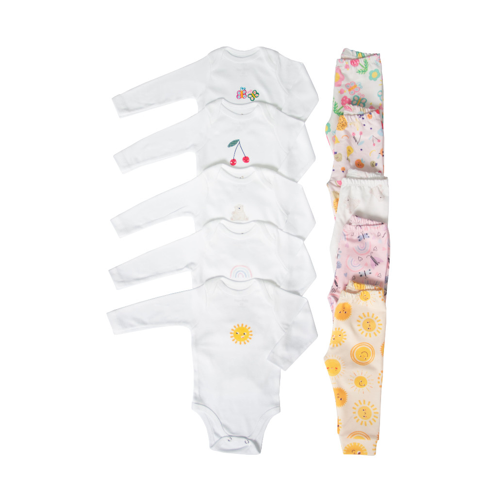Kit 10 Peças Conjunto Bebê Body Manga Longa e Calça Cerejinha, Borboletinha, Ursinho, Solzinho, Arco Íris Roupa de Bebê 