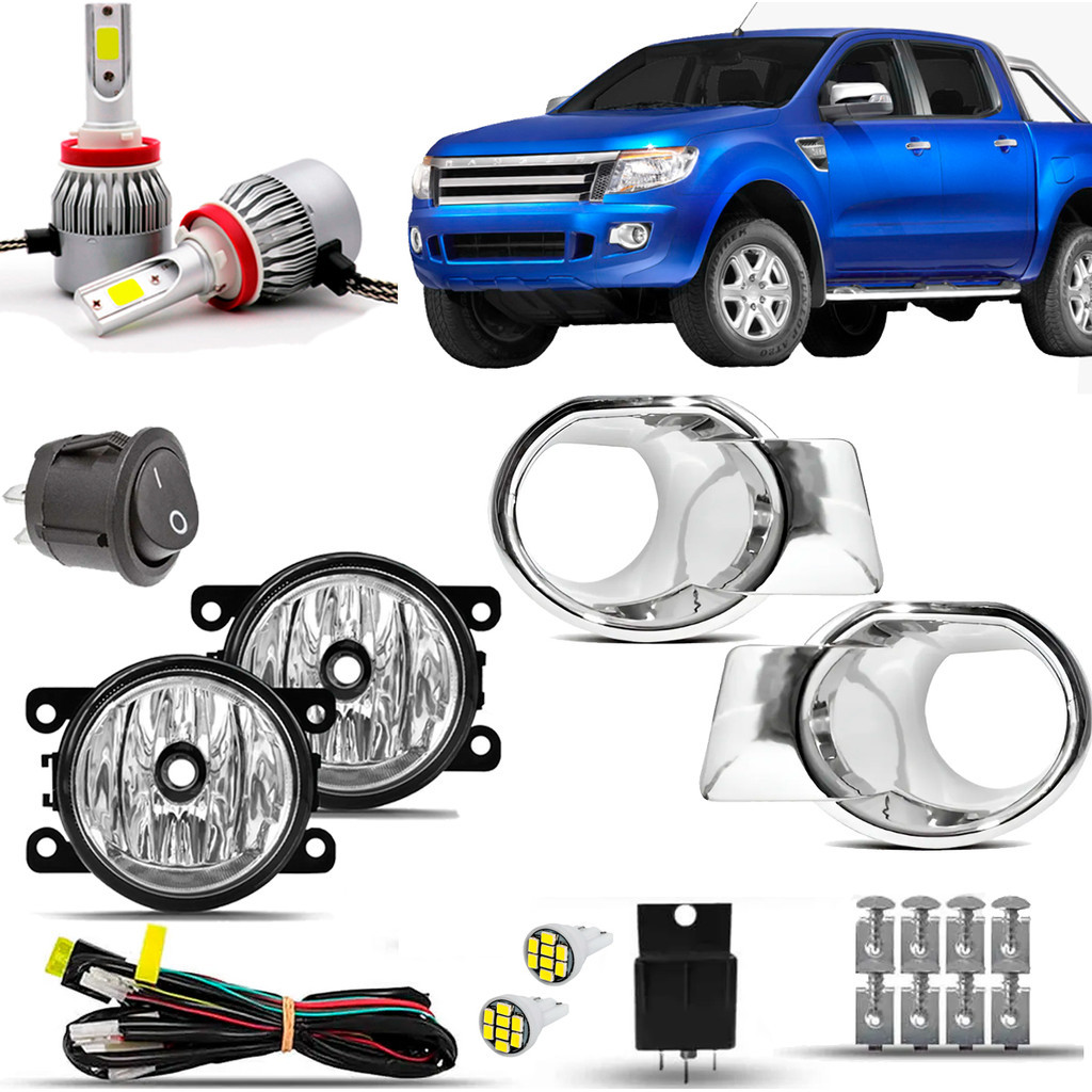 Kit Farol Milha Neblina Auxiliar Cibie Farolete Ford Ranger 2012 13 14 2015 Moldura Cromada + Lâmpadas Super Led