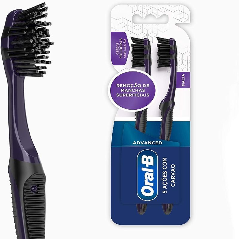 Escova Dental Oral-B 5 Ações Com Carvão Advanced Macia 2 Unidades em Oferta na Shopee
