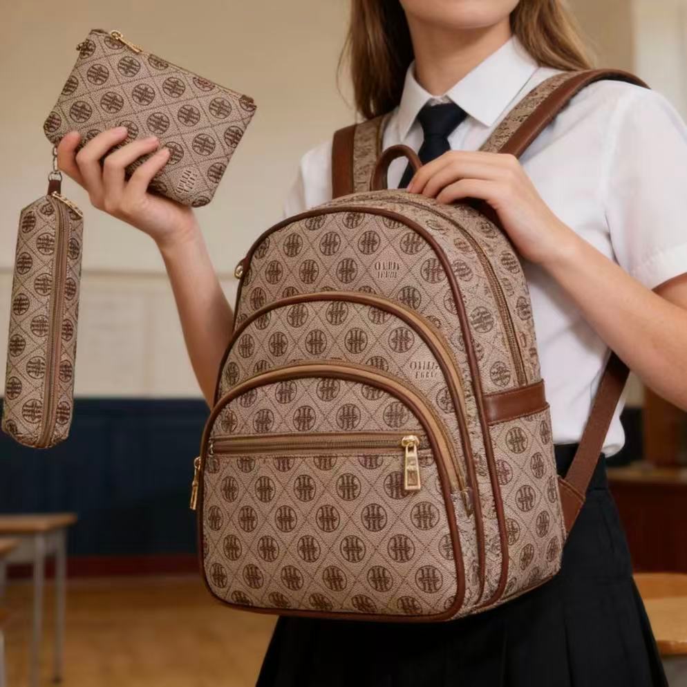 Kit De 3 Bolsa Feminina De Mochila Com Estampa Composto Com Grande Capacidade Escola Universitário PU TM9103  TM