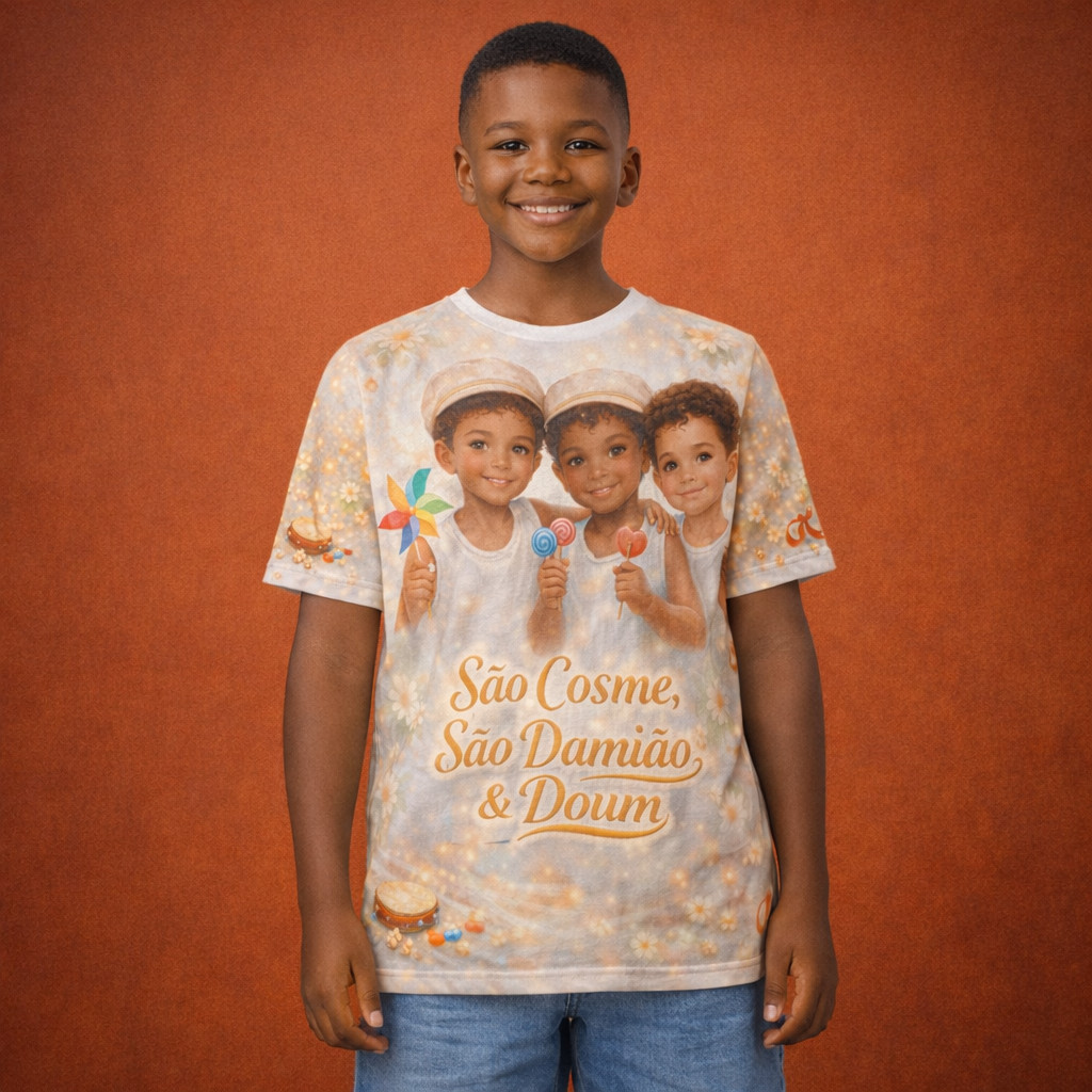 Camisa São Cosme São Damião e Doum Camiseta Infantil e Adulto Estampa Religiosa Premium