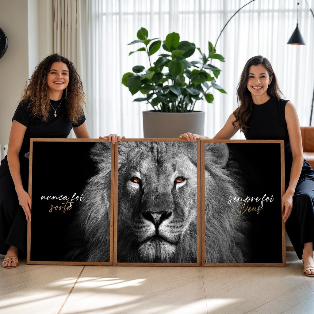 Kit 3 Quadros Decorativos 40x60 cm  Leão Sempre Foi Deus Moldura Com Vidro Quadro Cristão