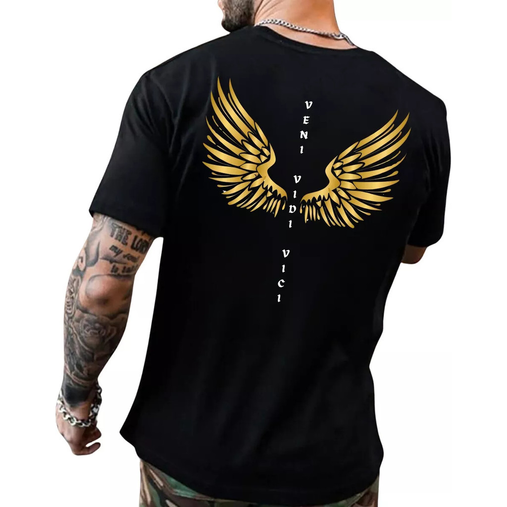 Camiseta Masculina Algodão Estampa Asas Casual Streetwear Academia Confortável Estilo Look Moderna