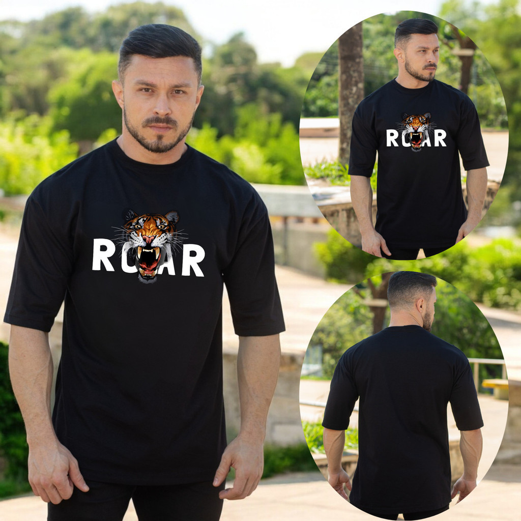 Camiseta Oversized Masculina Roar Tigre Gola Redonda Algodão Estampa Streetwear Academia Gym Estilo