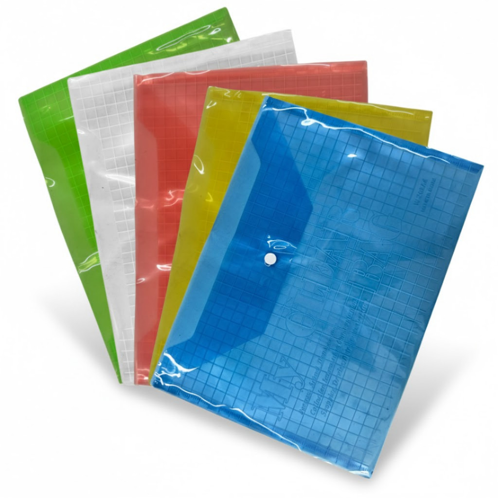 Kit 5/10/20 Pasta A4 Transparente Com Botão Envelope Porta Documento Escolar Escritório Colorida