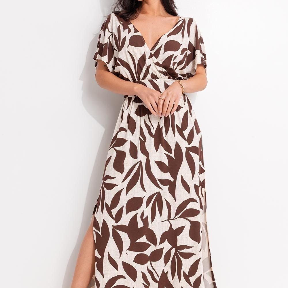 Vestido Em Malha De Viscose Folhagem Marrom Quintess em Oferta na Shopee