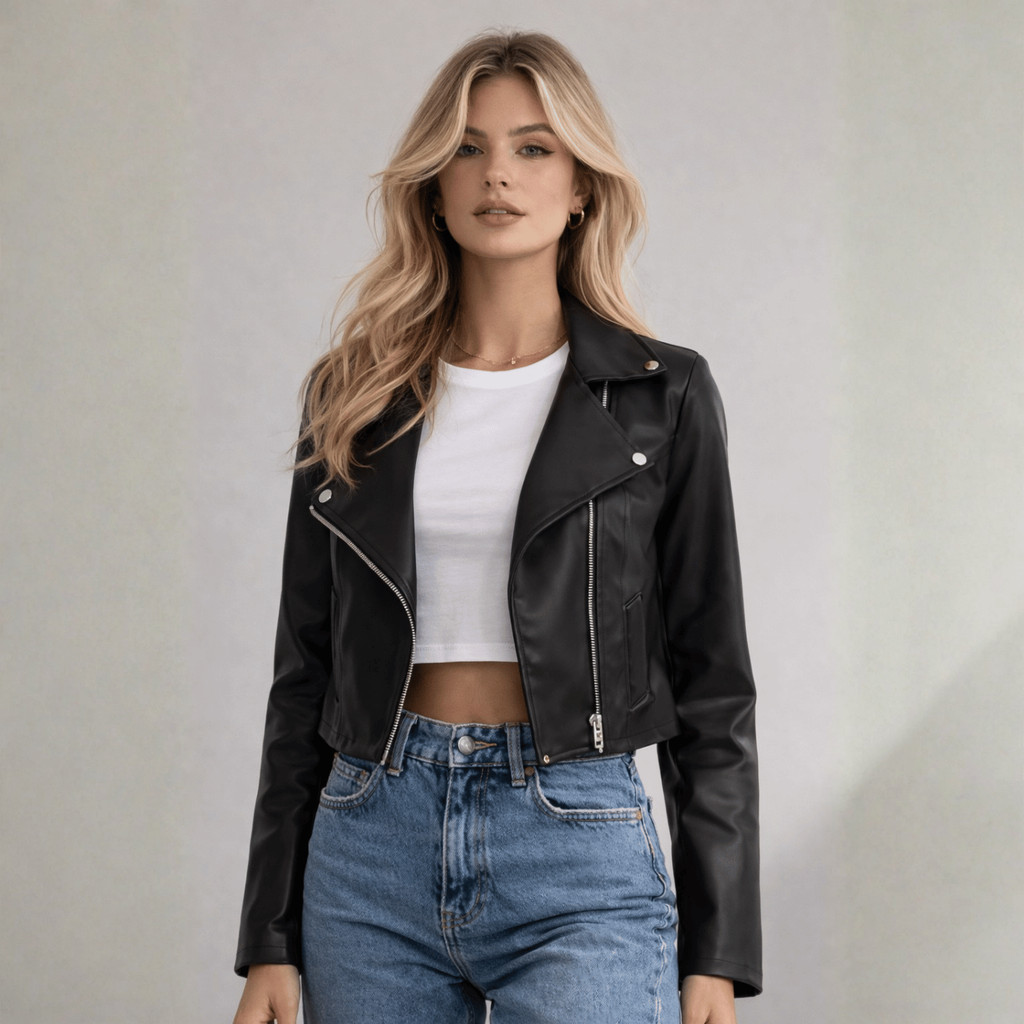 Jaqueta De Couro Feminina Com Ziper Inverno Elegante Courino Inverno Moda Blogueira — imagem 2 de 2