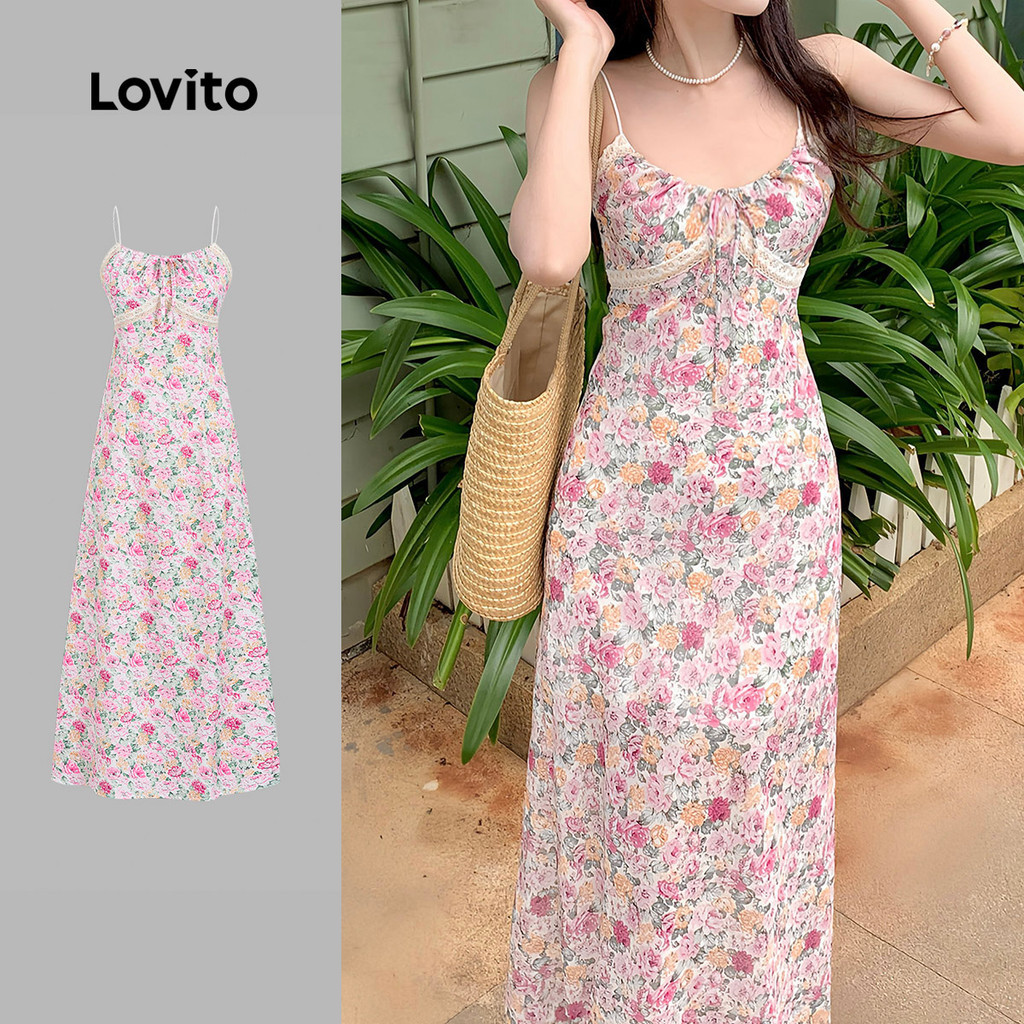Lovito Férias Padrão de Vestido com Renda Amarração Vestido Primavera/verão para