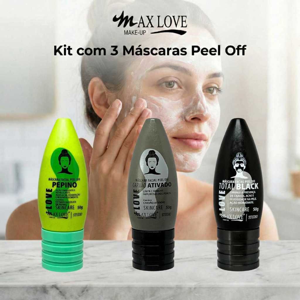 Kit com 3 Máscaras Peel Off - Pepino, Carvão Ativado, Total Black Max Love