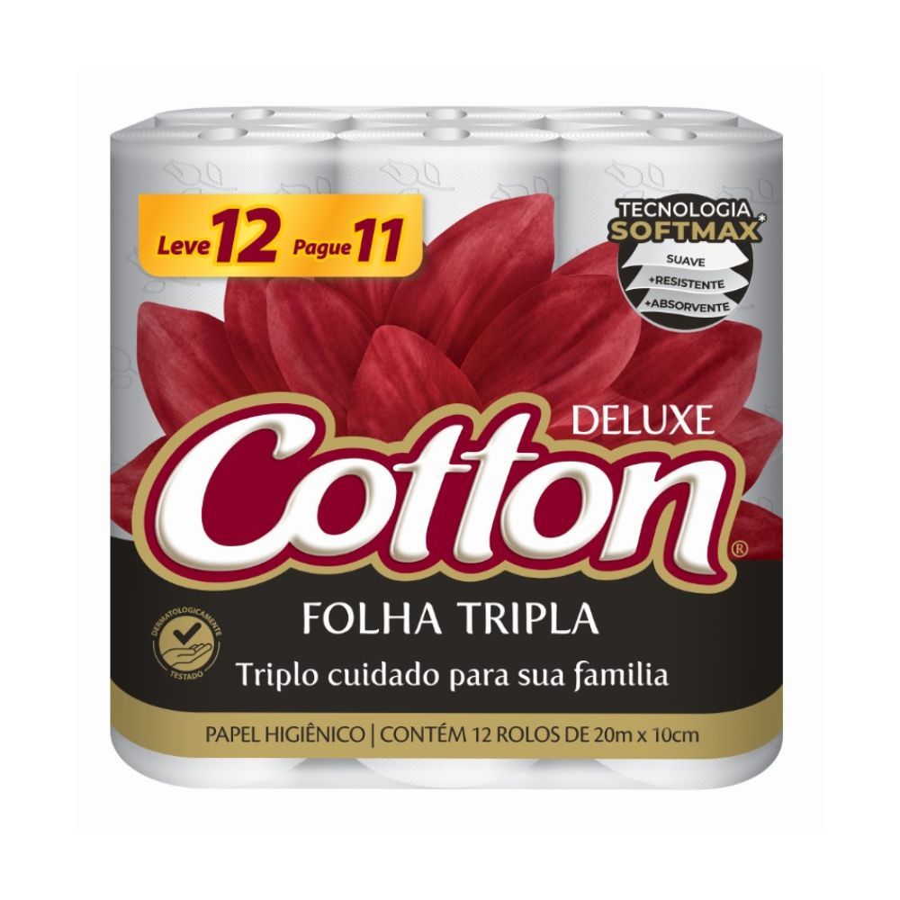 Papel Higiênico Cotton Deluxe Folha Tripla 20m x 10cm com 12 Roles em Oferta na Shopee