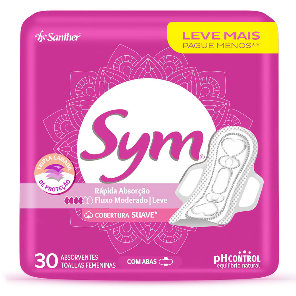 Absorvente Sym Cobertura Suave com Abas 30 Unidades Leve mais Por Menos em Oferta na Shopee