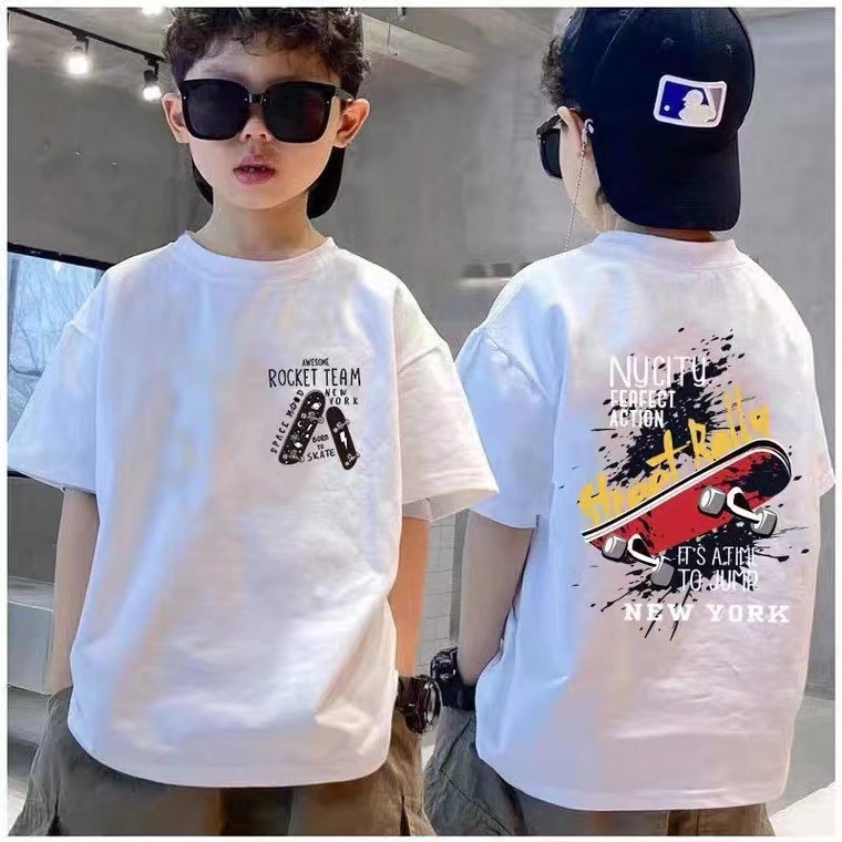Meninos de manga curta novo estilo roupas de verão crianças na moda bonito camiseta versão coreana solta impressa puro a